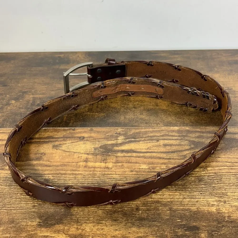 REI Brown Leather Belt Solid Silver Buckle Mens 36 Distressed Wrap Braid Detail